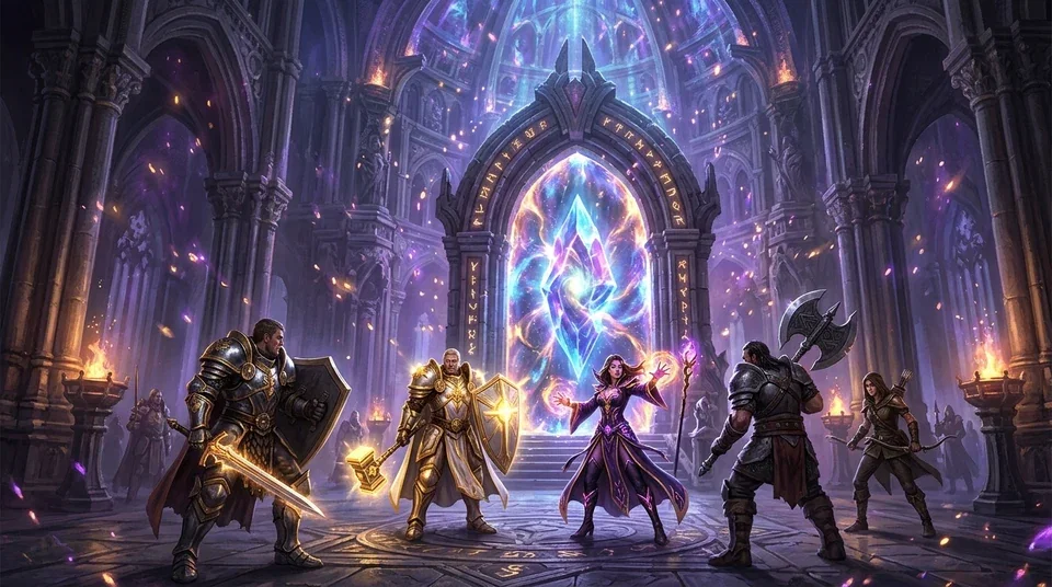 A group of heroes gathers before a glowing crystal portal