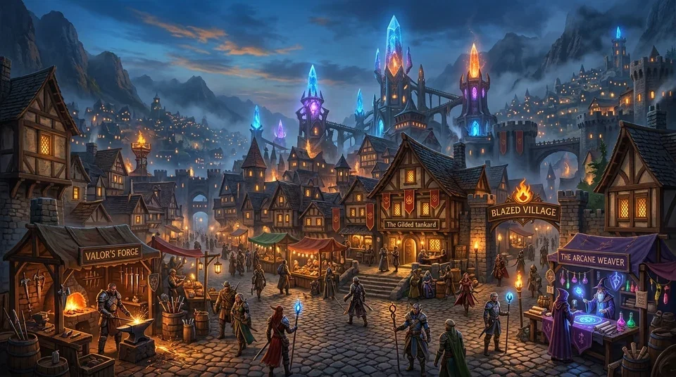 Blazed Village with glowing crystal towers, shops, and adventurers