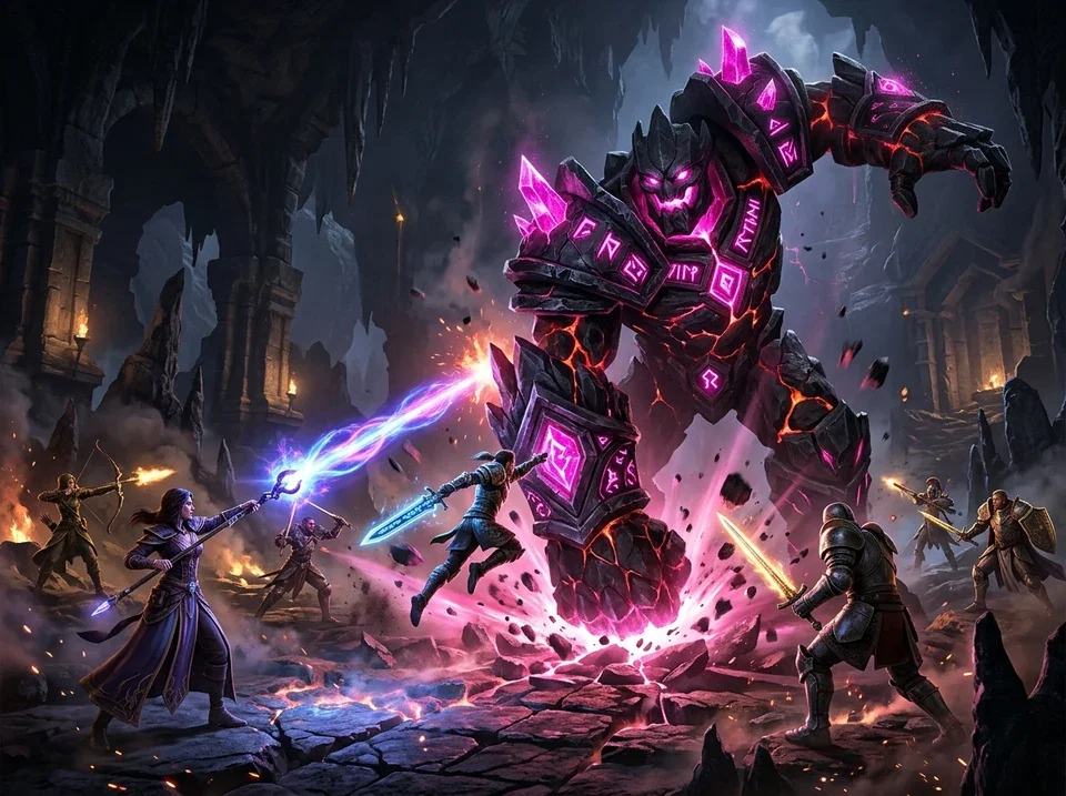 Heroes battle a towering crystal golem in an underground dungeon